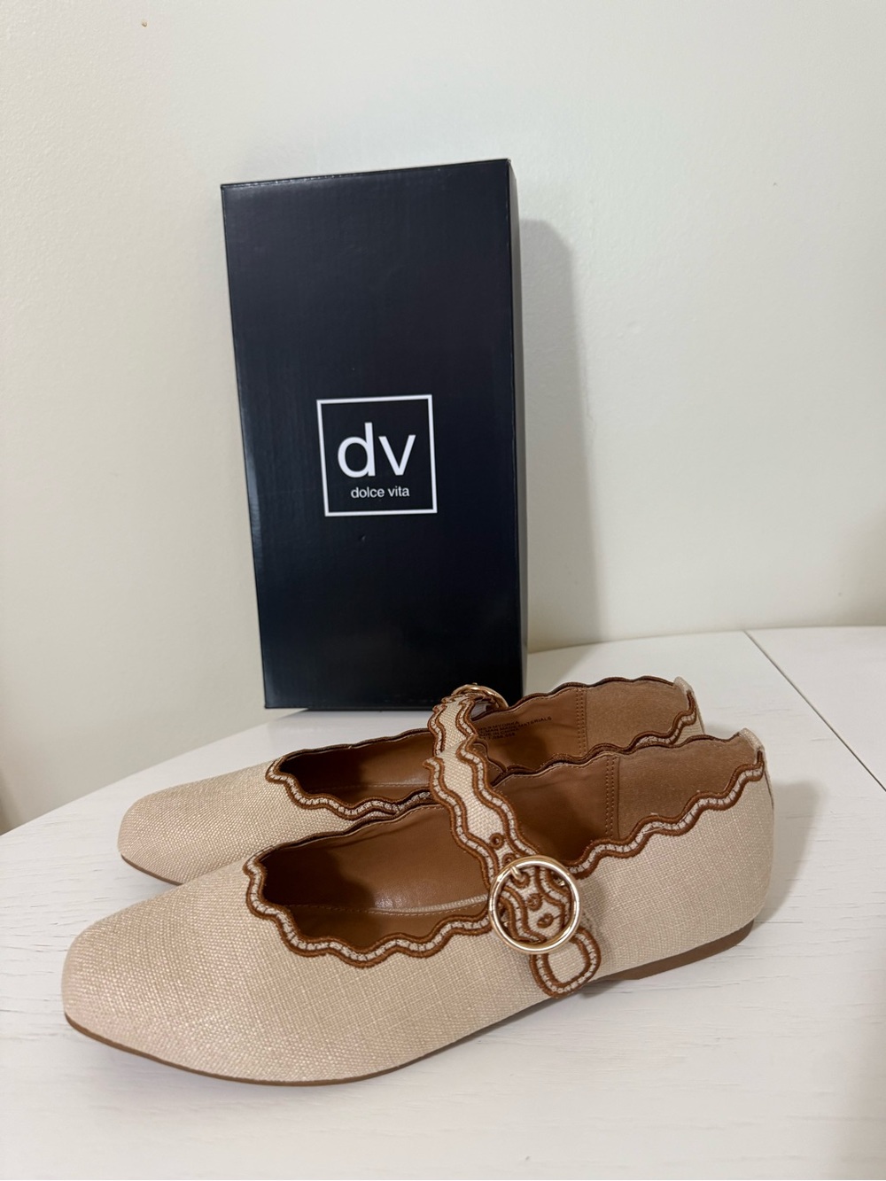 Dolce Vita Beige Scalloped Mary Jane Flats with Buckle